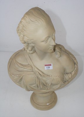 Lot 120 - A plaster bust of a woman, upon a socle base,...