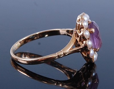Lot 2518 - A yellow metal, amethyst and pearl oval...