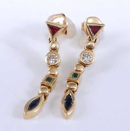 Lot 2526 - A pair of yellow metal, ruby, diamond, emerald...