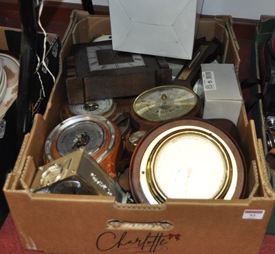 Lot 93 - A box of miscellaneous clocks and barometers,...