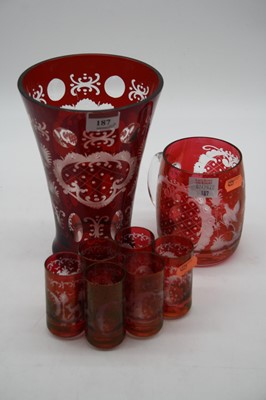 Lot 187 - A 20th century Bohemian style ruby glass vase...