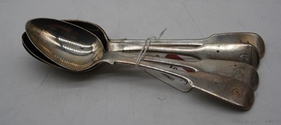 Lot 291 - A set of four Victorian fiddle pattern silver...
