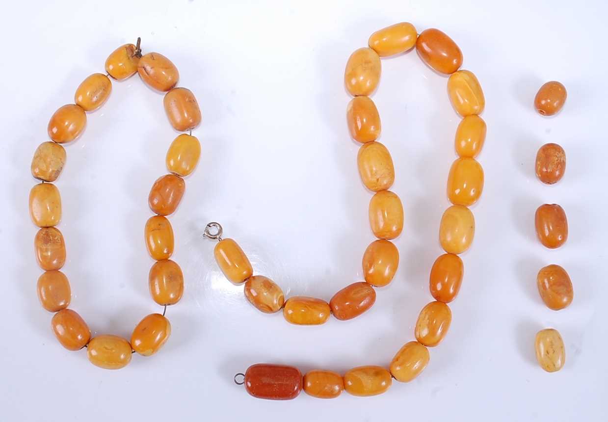 Lot 2559 - Two strands of butterscotch amber beads, one...
