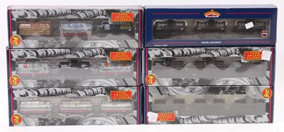 Lot 394 - 6 Bachmann Boxed 3 Piece wagon and rolling...
