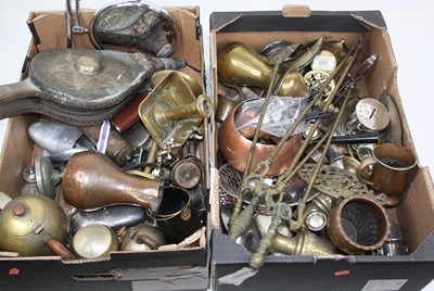 Lot 98 - Two boxes of miscellaneous metalware, to...