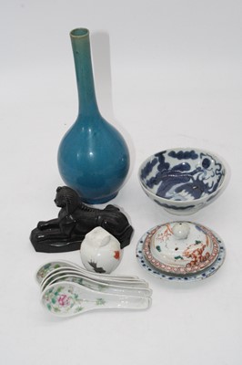 Lot 231 - A Chinese blue glazed stem vase (drilled),...