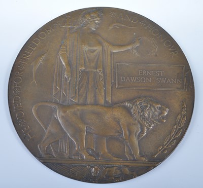 Lot 256 - A WW I bronze memorial plaque, naming Ernest...