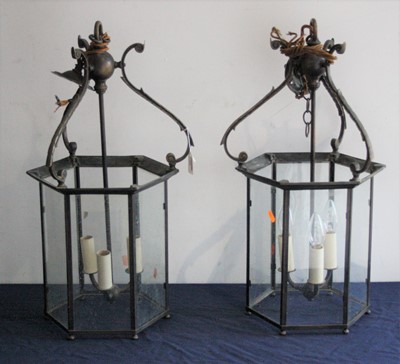 Lot 64 - A pair of brass-framed and glass ceiling light...