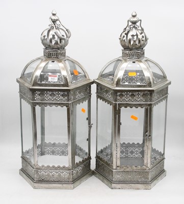 Lot 142 - A pair of reproduction painted metal and glass...