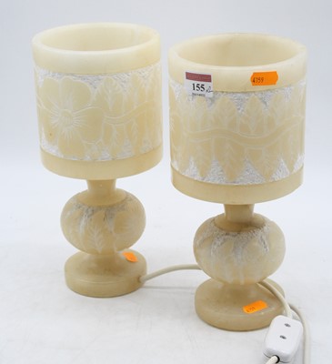 Lot 155 - A pair of turned alabaster table lamps, each...