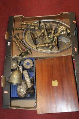 Lot 282 - Two boxes of metalware, to include Victorian...
