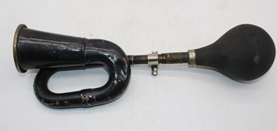 Lot 1498 - A vintage motor car bulb horn, black painted,...