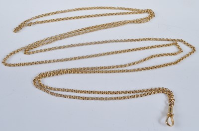 Lot 1219 - A 9ct gold belcher link long guard chain, with...