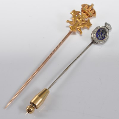 Lot 1200 - Two stick pins, one comprising the monogram VE...