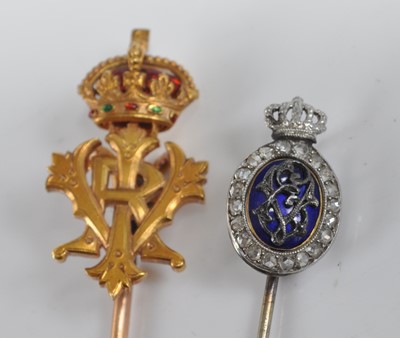 Lot 1200 - Two stick pins, one comprising the monogram VE...