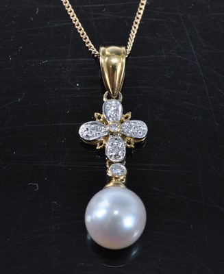 Lot 1178 - An 18ct yellow gold, pearl and diamond pendant...