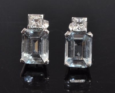 Lot 1181 - A pair of 18ct white gold, aquamarine and...