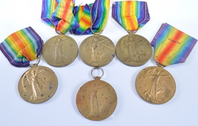 Lot 141 - A collection of six WW I Victory medals,...