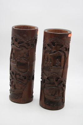 Lot 12 - A pair of Japanese bamboo brush pots relief...
