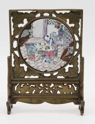 Lot 240 - A small Chinese table screen, the oval panel...