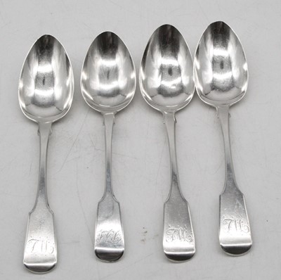 Lot 349 - A set of three George IV silver dessert spoons,...