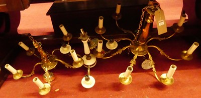 Lot 1221 - A gilt brass hanging eight-light electrolier;...