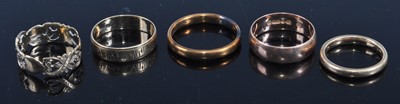 Lot 443 - Four various 9ct gold wedding bands, and one...