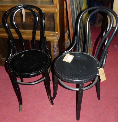 Lot 1373 - A set of six black painted panelled seat...