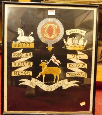 Lot 1044 - The Queen's Regiment silk work panel dated...