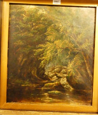 Lot 1064 - Circa 1900 school - A woodland stream, oil on...