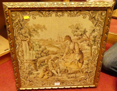 Lot 1124 - Continental woolwork, figures in a landscape...