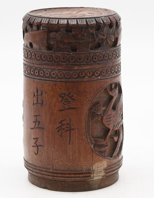 Lot 580 - A Chinese bamboo brush-pot and cover, carved...