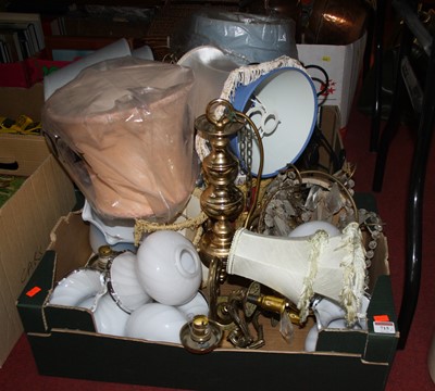 Lot 715 - Two boxes of lighting, to include a brass five-...