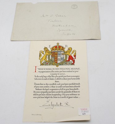 Lot 625 - A WWII personal message certificate addressed...