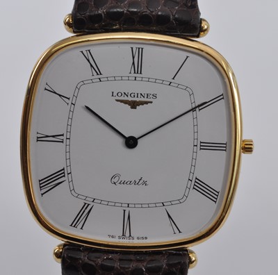 Lot 2503 - A yellow metal Longines quartz wristwatch,...