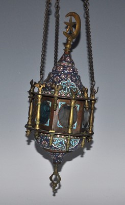 Lot 2464 - A Damascus cuerda seca mosque lamp of brass...