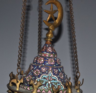 Lot 2464 - A Damascus cuerda seca mosque lamp of brass...