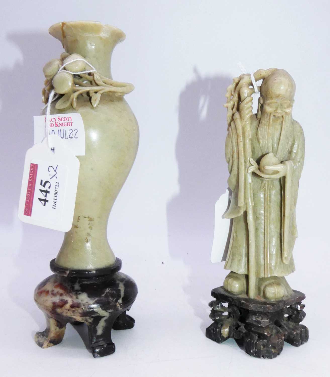 Lot 445 - A Chinese soapstone figure of Shou loo, 15.5cm...