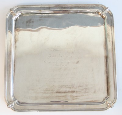Lot 193 - A large Art Deco silver salver, of square form...