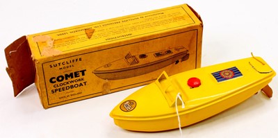 Lot 213 - Sutcliffe Comet clockwork Speedboat, yellow,...