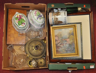 Lot 141 - Two boxes of glass, ceramics and pictures, to...