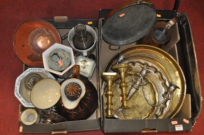Lot 149 - Two boxes of ceramics and metalware to include...