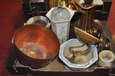 Lot 149 - Two boxes of ceramics and metalware to include...