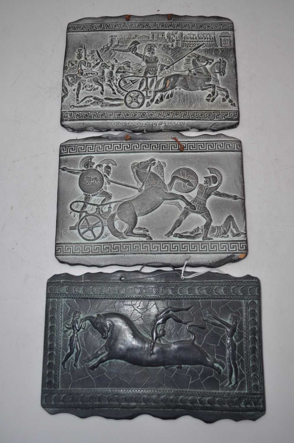 Lot 166 - A set of three reproduction Greek tiles, 15x24cm