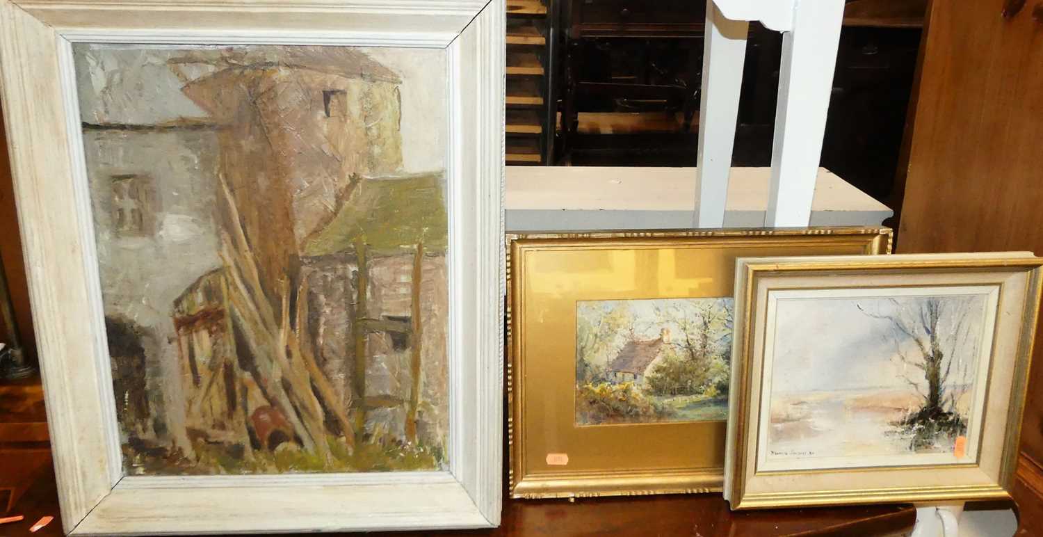 Lot 1058 - H Edwards - Old buildings, oil on canvas,...