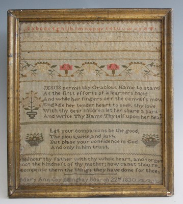 Lot 2303 - A George IV needlework alphabet and verse...