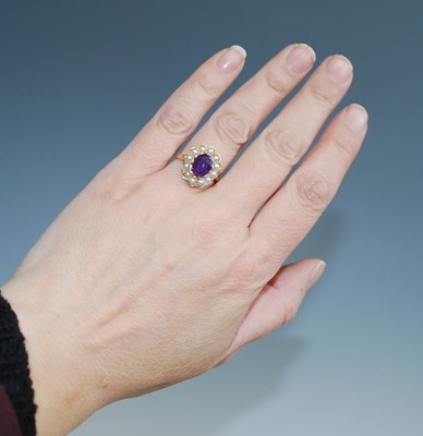 Lot 2530 - A 14ct yellow gold, amethyst and seed pearl...