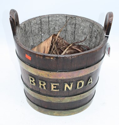 Lot 133 - A brass coopered oak bucket, inscribed Brenda