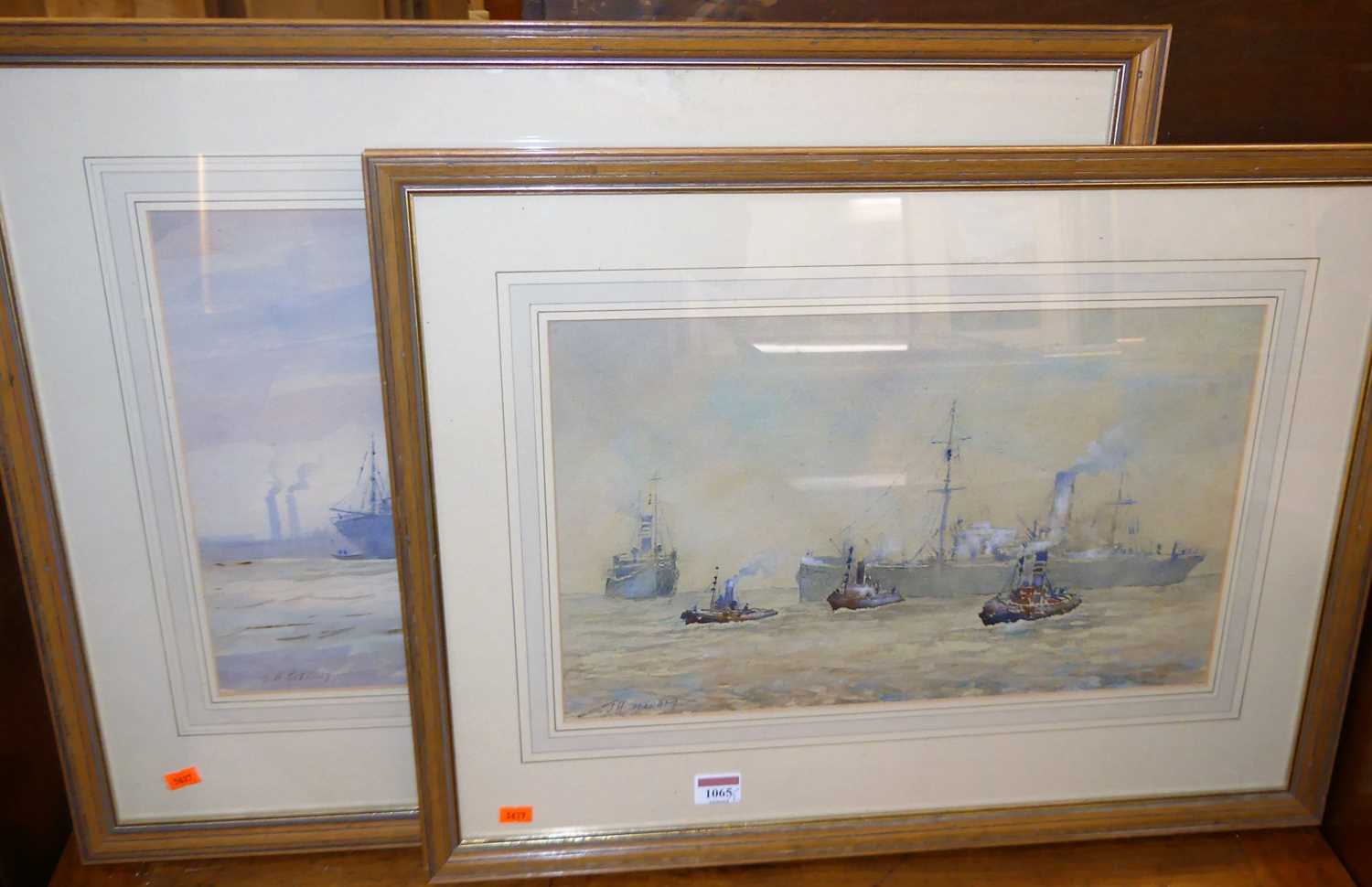 Lot 1065 - JH Jerram - Steamboats approaching harbour,...