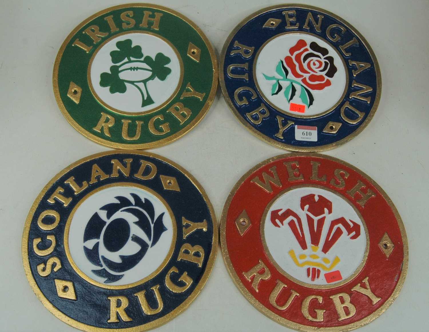 Lot 610 - Four cast iron plaques with England, Ireland,...